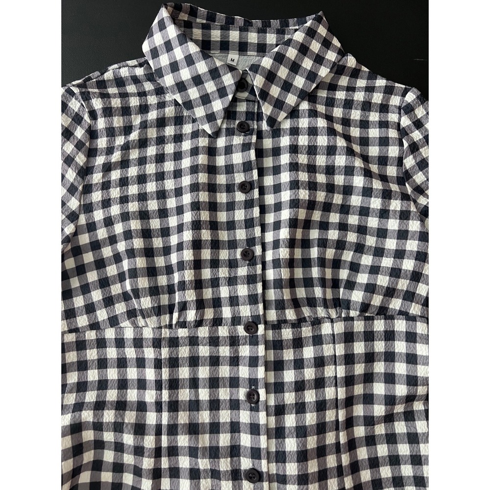Sold*Black White Gingham Button Front Mini Dress Short Sleeve Smocked Med 1009 - Picture 3 of 10